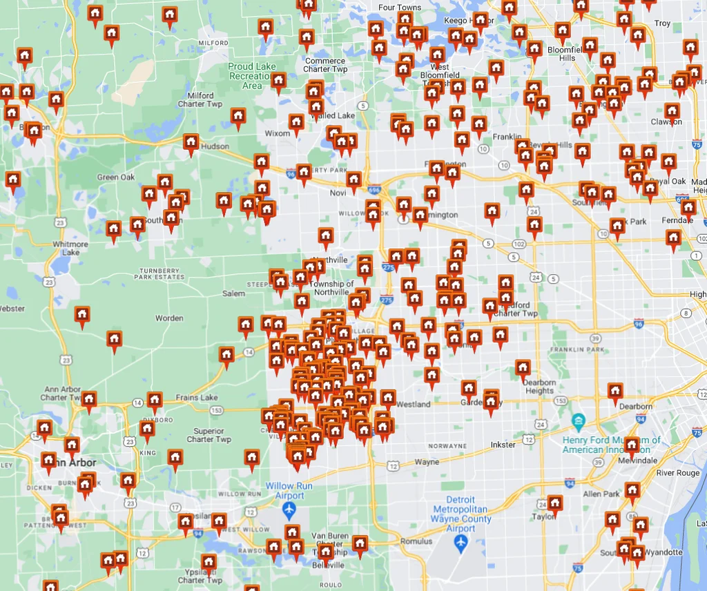 The Blind Biz satisfied customers coverage area map across Metro Detroit